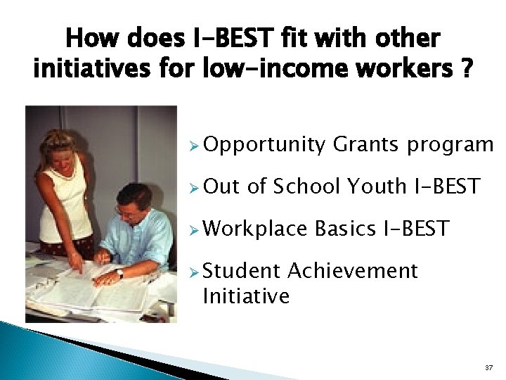 How does I-BEST fit with other initiatives for low-income workers ? Ø Opportunity Ø
