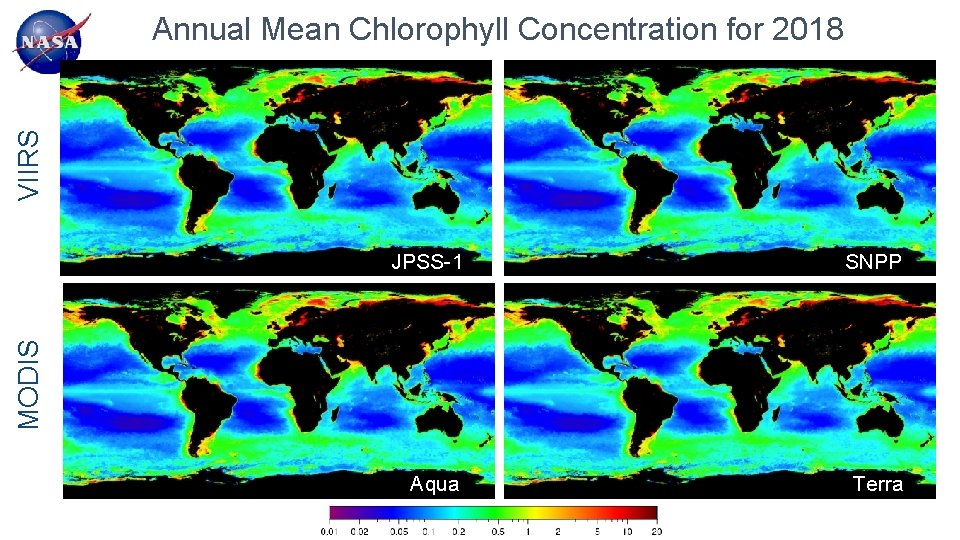 VIIRS Annual Mean Chlorophyll Concentration for 2018 SNPP Aqua Terra MODIS JPSS-1 