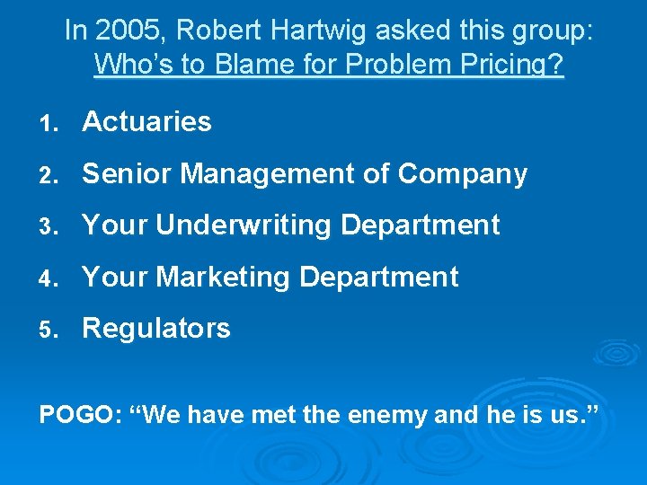 In 2005, Robert Hartwig asked this group: Who’s to Blame for Problem Pricing? 1.
