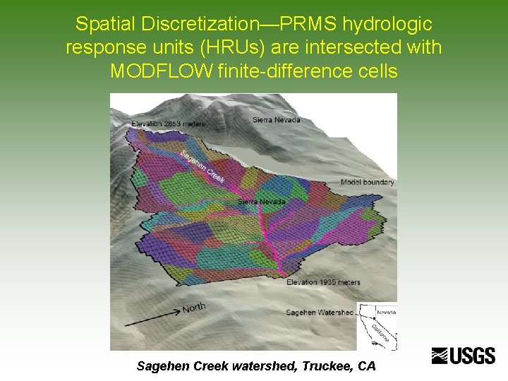 Spatial Discretization—PRMS hydrologic response units (HRUs) are intersected with MODFLOW finite-difference cells Sagehen Creek