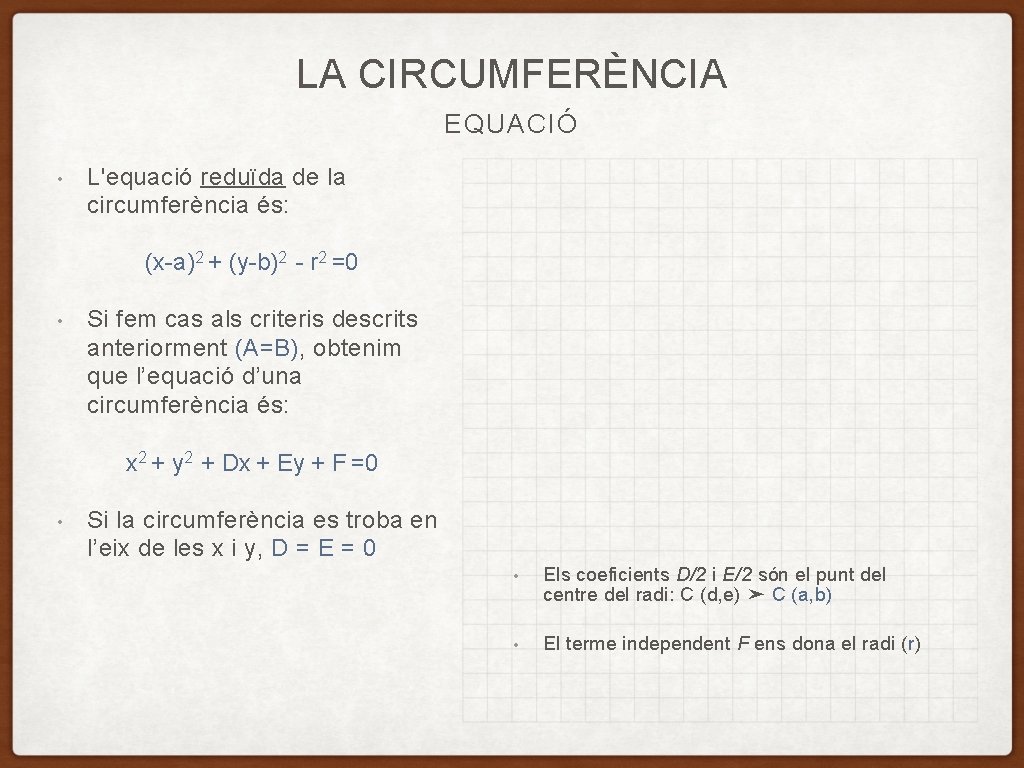 LA CIRCUMFERÈNCIA EQUACIÓ • L'equació reduïda de la circumferència és: (x-a)2 + (y-b)2 -