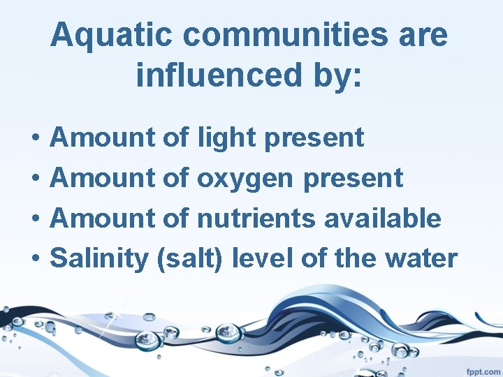 Aquatic communities are influenced by: • • Amount of light present Amount of oxygen