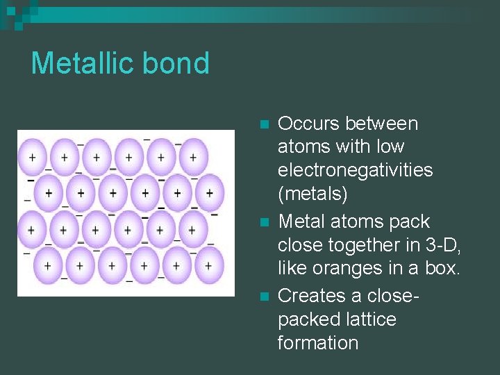 Metallic bond n n n Occurs between atoms with low electronegativities (metals) Metal atoms Metallic bond n n n Occurs between atoms with low electronegativities (metals) Metal atoms