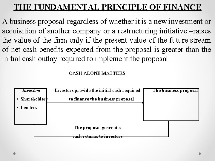 THE FUNDAMENTAL PRINCIPLE OF FINANCE A business proposal-regardless of whether it is a new