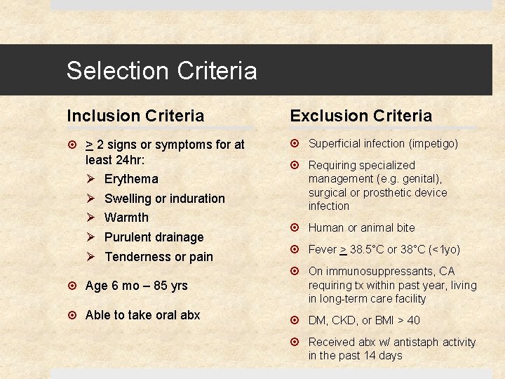 Selection Criteria Inclusion Criteria Exclusion Criteria > 2 signs or symptoms for at least
