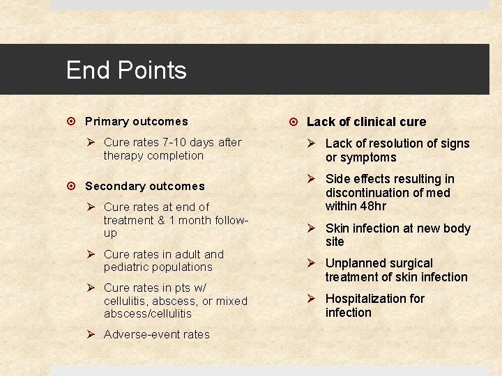 End Points Primary outcomes Ø Cure rates 7 -10 days after therapy completion Secondary