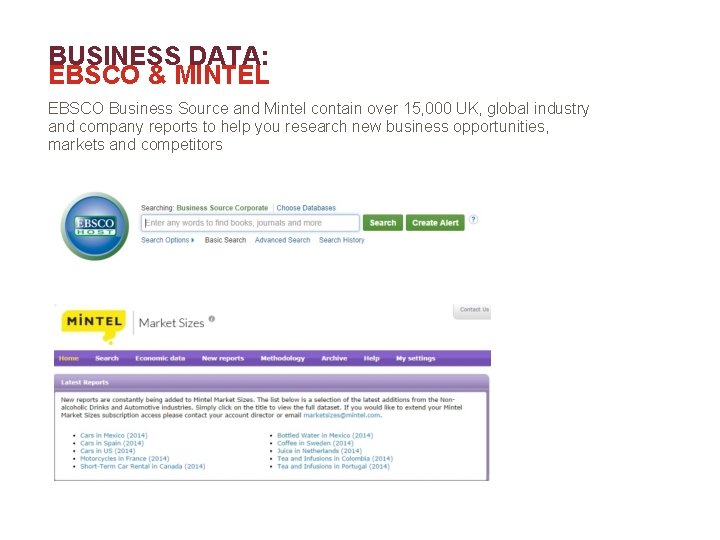 BUSINESS DATA: EBSCO & MINTEL EBSCO Business Source and Mintel contain over 15, 000