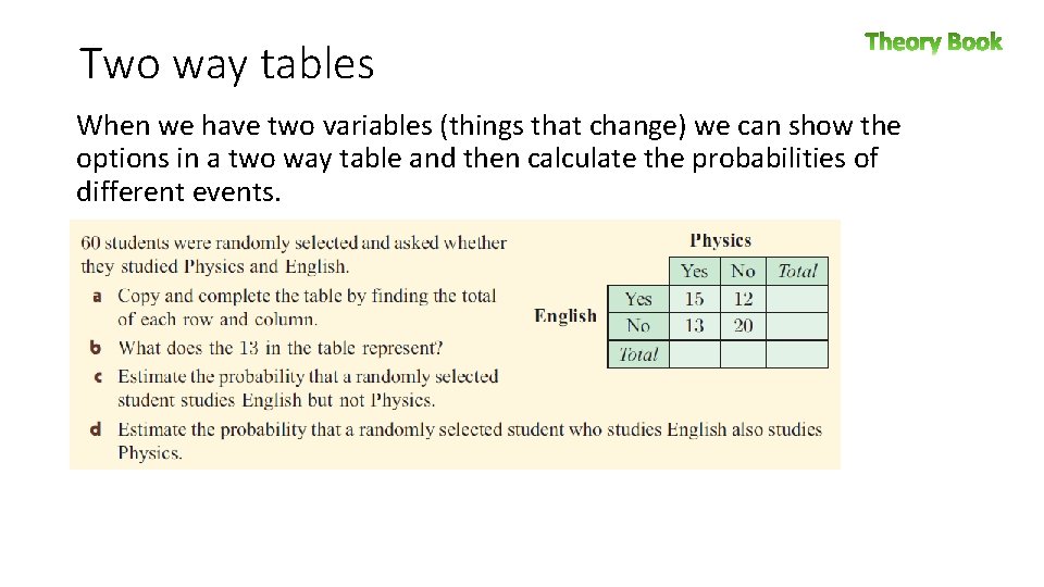 Two way tables When we have two variables (things that change) we can show