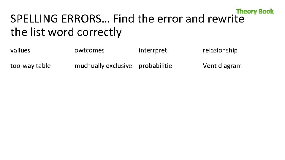 SPELLING ERRORS… Find the error and rewrite the list word correctly vallues owtcomes interrpret