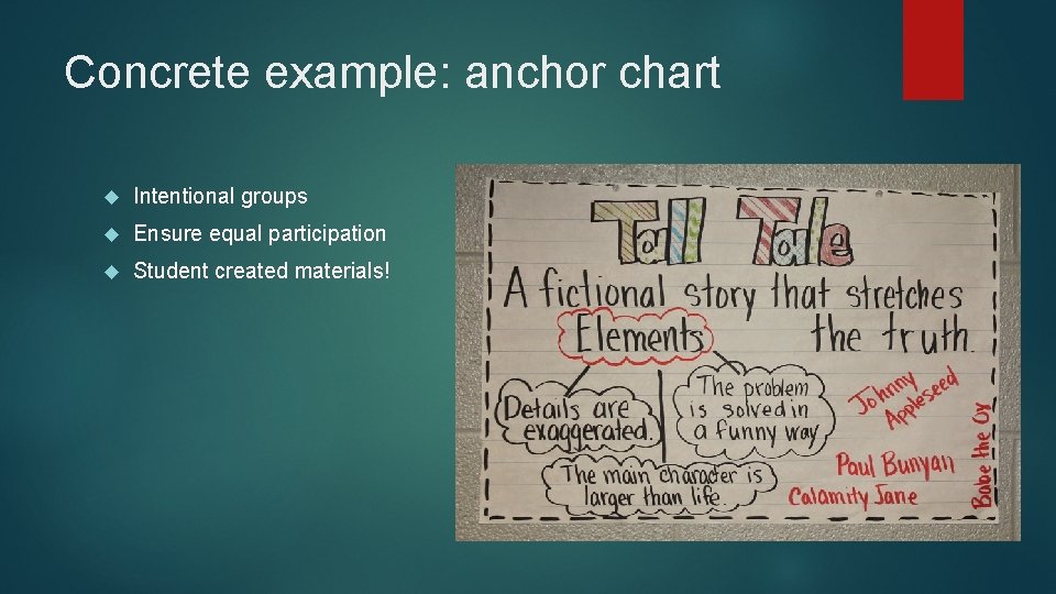 Concrete example: anchor chart Intentional groups Ensure equal participation Student created materials! 