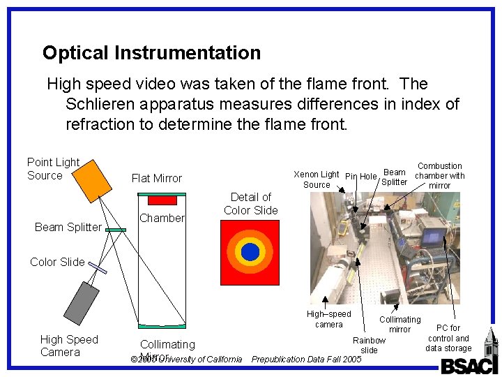 Optical Instrumentation High speed video was taken of the flame front. The Schlieren apparatus Optical Instrumentation High speed video was taken of the flame front. The Schlieren apparatus
