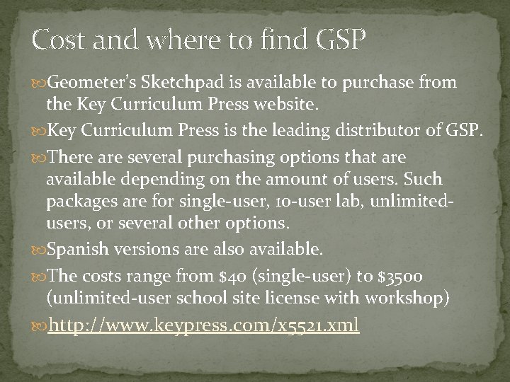 Cost and where to find GSP Geometer’s Sketchpad is available to purchase from the
