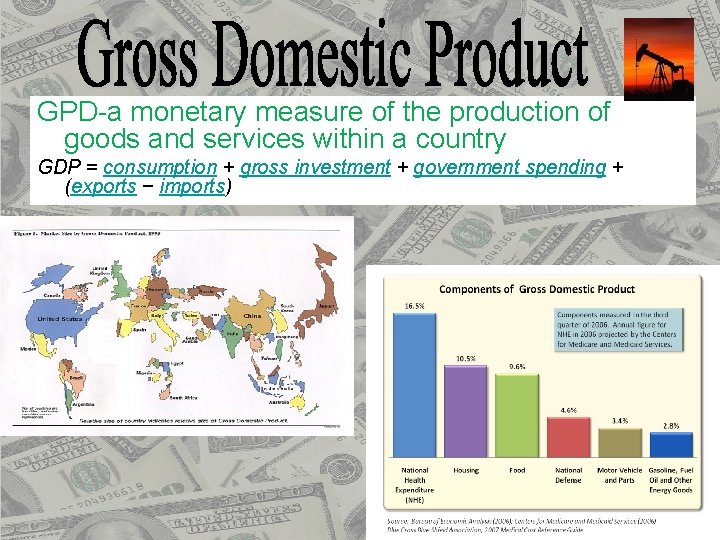 GPD-a monetary measure of the production of goods and services within a country GDP