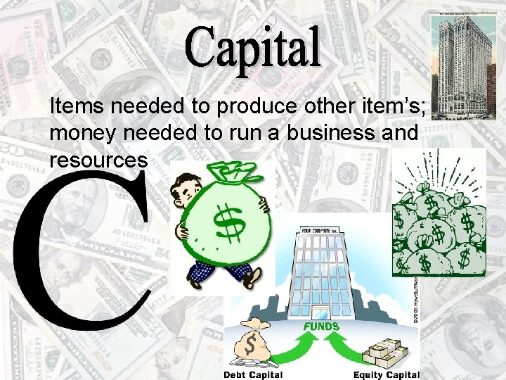 Items needed to produce other item’s; the money needed to run a business and