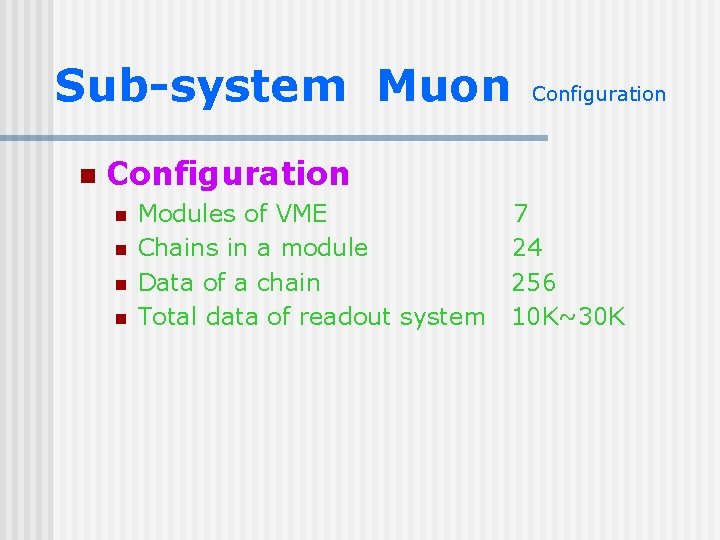 Sub-system Muon n Configuration n n Modules of VME Chains in a module Data