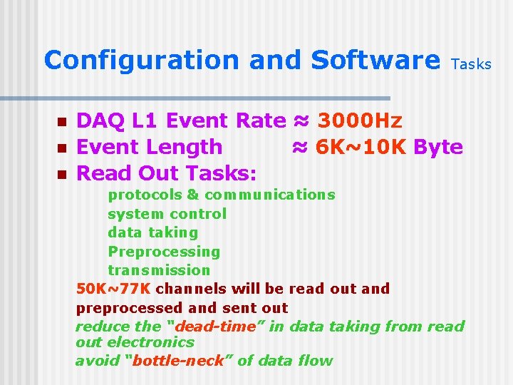 Configuration and Software n n n Tasks DAQ L 1 Event Rate ≈ 3000