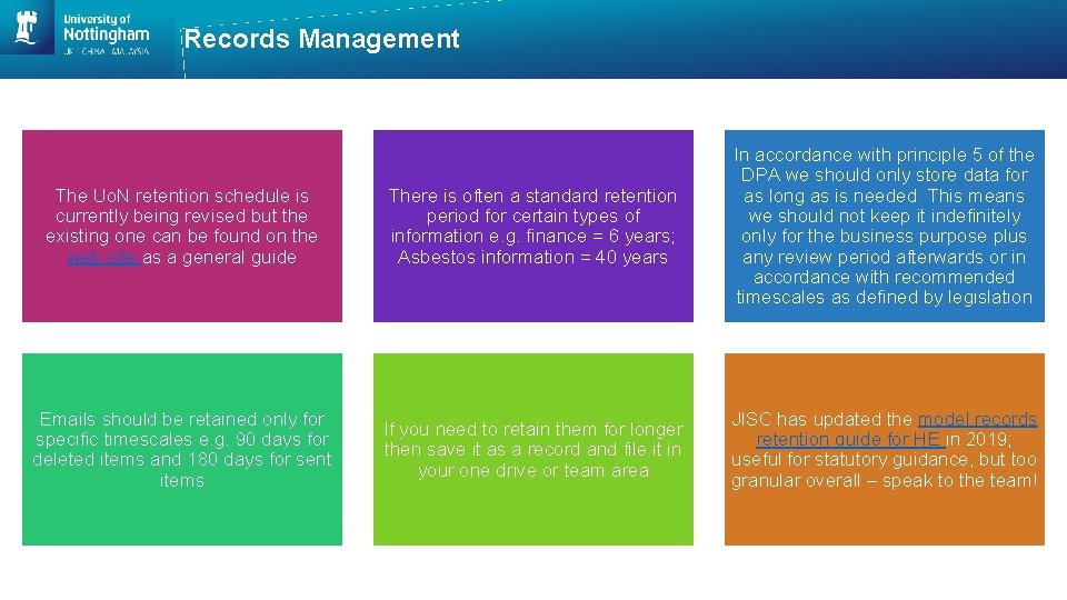 Records Management The Uo. N retention schedule is currently being revised but the existing