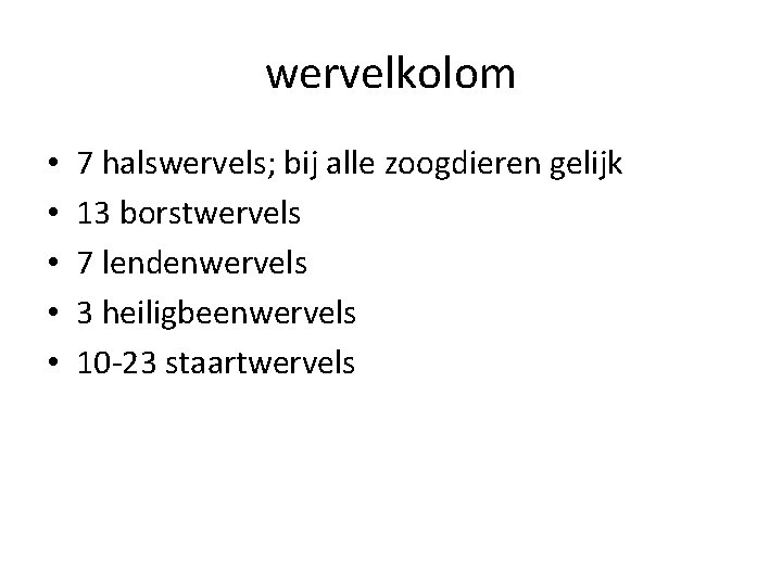 wervelkolom • • • 7 halswervels; bij alle zoogdieren gelijk 13 borstwervels 7 lendenwervels