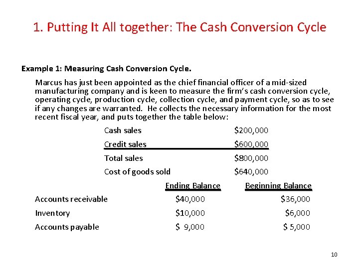 1. Putting It All together: The Cash Conversion Cycle Example 1: Measuring Cash Conversion