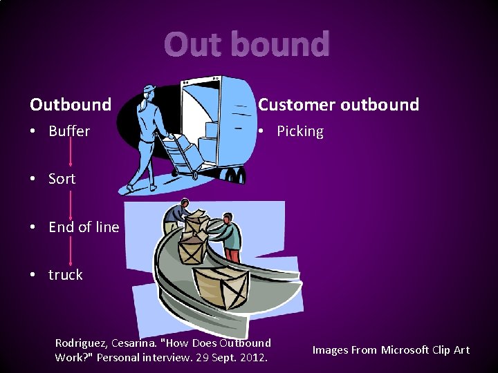 Out bound Outbound Customer outbound • Buffer • Picking • Sort • End of