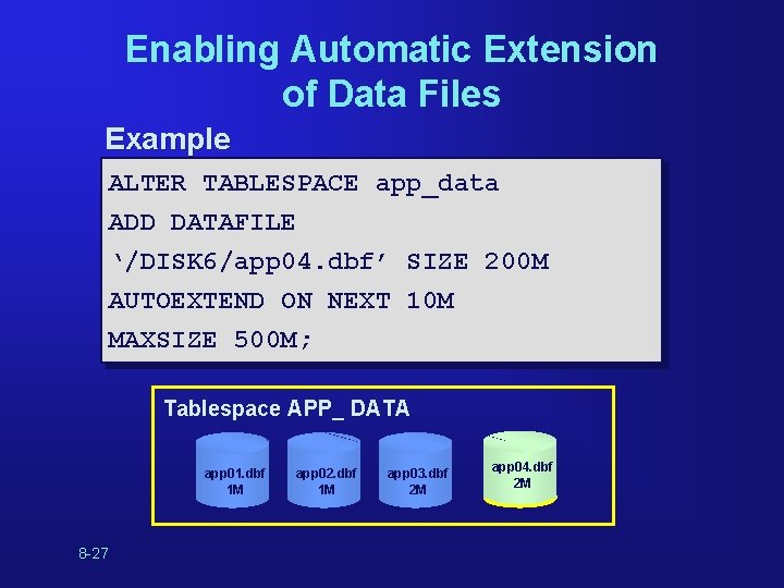 Enabling Automatic Extension of Data Files Example ALTER TABLESPACE app_data ADD DATAFILE ‘/DISK 6/app Enabling Automatic Extension of Data Files Example ALTER TABLESPACE app_data ADD DATAFILE ‘/DISK 6/app