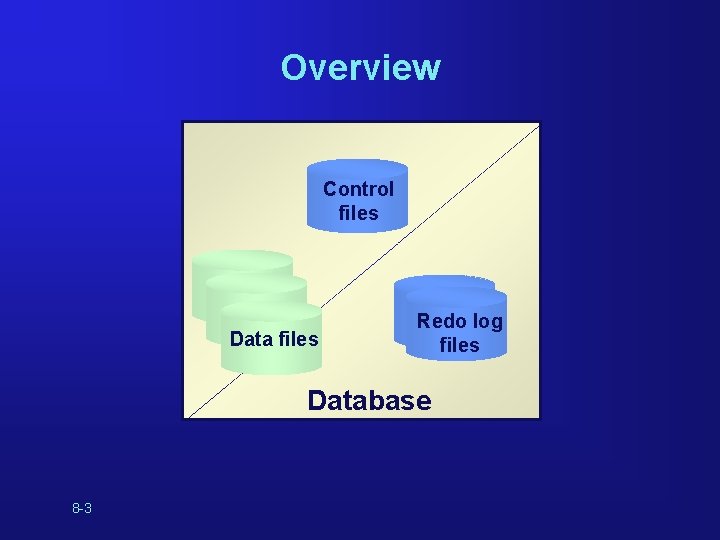 Overview Control files Data files Redo log files Database 8 -3 Overview Control files Data files Redo log files Database 8 -3