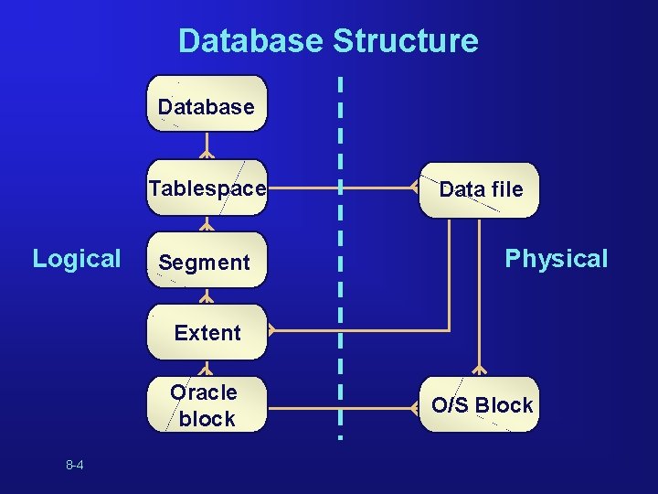Database Structure Database Tablespace Logical Segment Data file Physical Extent Oracle block 8 -4 Database Structure Database Tablespace Logical Segment Data file Physical Extent Oracle block 8 -4