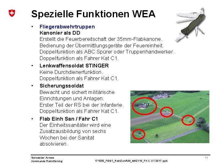 Spezielle Funktionen WEA • • Fliegerabwehrtruppen Kanonier als DD Erstellt die Feuerbereitschaft der 35