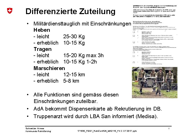 Differenzierte Zuteilung • Militärdiensttauglich mit Einschränkungen Heben - leicht 25 -30 Kg - erheblich