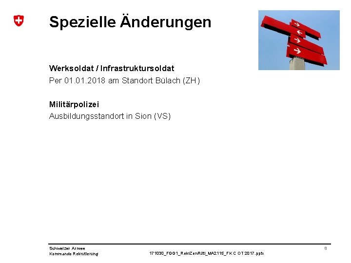 Spezielle Änderungen Werksoldat / Infrastruktursoldat Per 01. 2018 am Standort Bülach (ZH) Militärpolizei Ausbildungsstandort