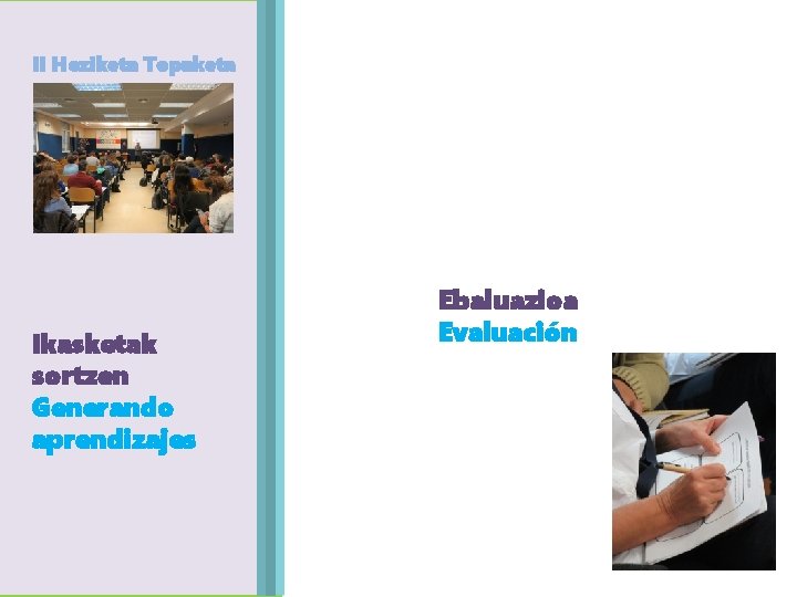 II Heziketa Topaketa Agenda Egitaraua Ikasketak sortzen Generando aprendizajes Ebaluazioa Evaluación 