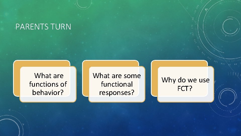 PARENTS TURN What are functions of behavior? What are some functional responses? Why do