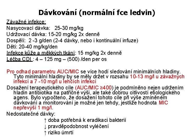 Dávkování (normální fce ledvin) Závažné infekce: Nasycovací dávka: 25 -30 mg/kg Udržovací dávka: 15