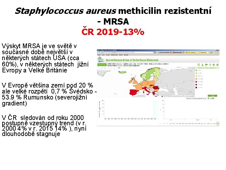 Staphylococcus aureus methicilin rezistentní - MRSA ČR 2019 -13% Výskyt MRSA je ve světě