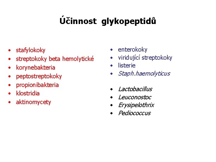 Účinnost glykopeptidů • • stafylokoky streptokoky beta hemolytické korynebakteria peptostreptokoky propionibakteria klostridia aktinomycety •