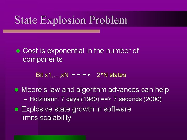 State Explosion Problem l Cost is exponential in the number of components Bit x