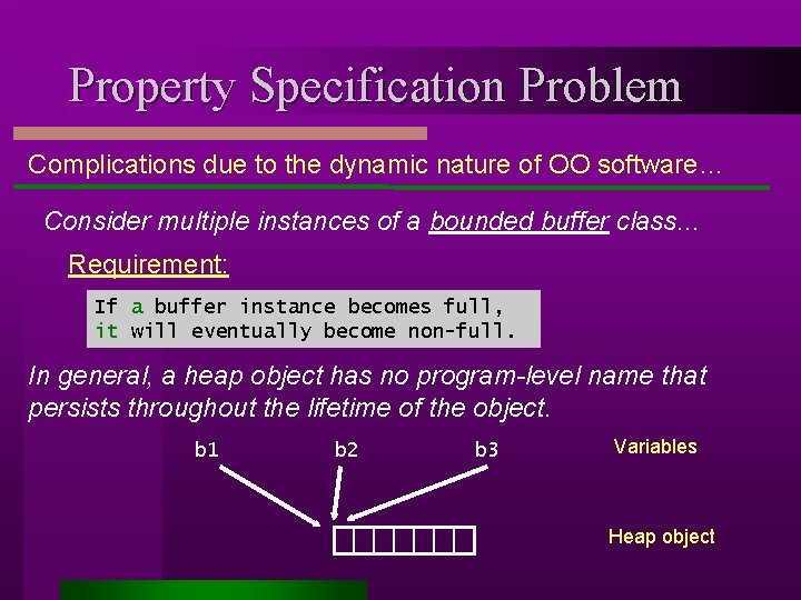 Property Specification Problem Complications due to the dynamic nature of OO software… Consider multiple