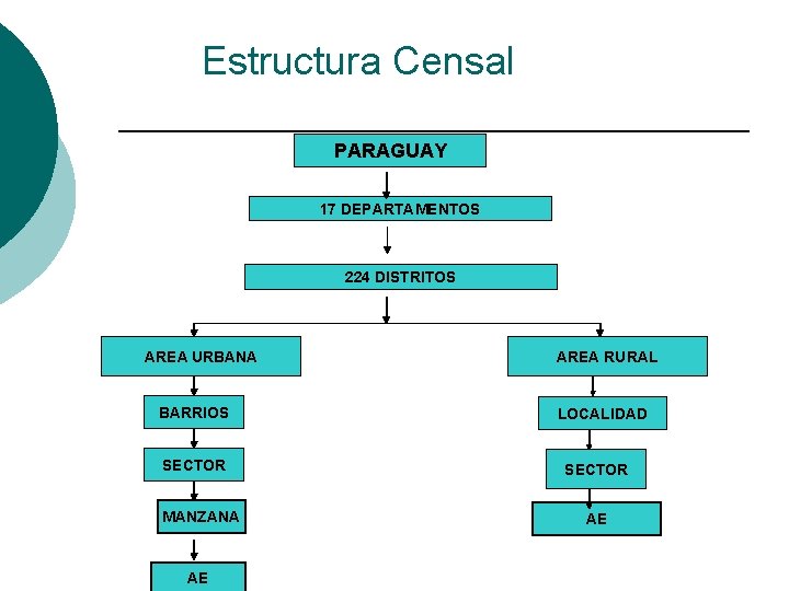 Estructura Censal PARAGUAY 17 DEPARTAMENTOS 224 DISTRITOS AREA URBANA BARRIOS SECTOR MANZANA AE AREA