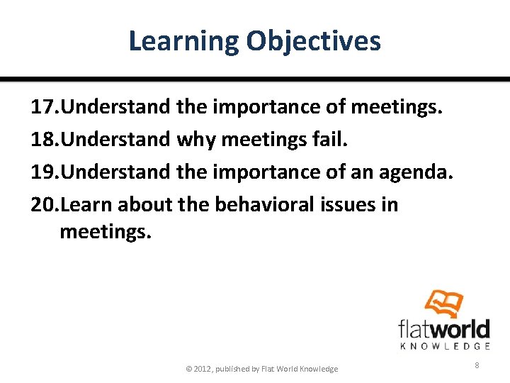 Learning Objectives 17. Understand the importance of meetings. 18. Understand why meetings fail. 19.