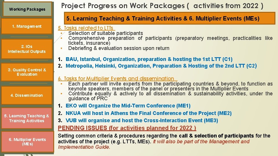 Working Packages Project Progress on Work Packages ( activities from 2022 ) 5. Learning