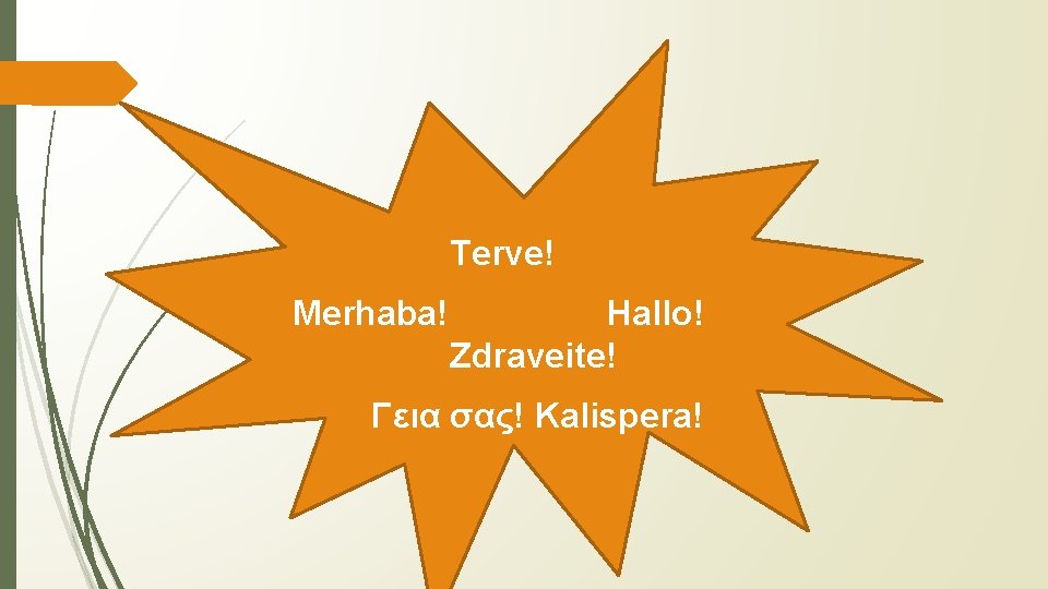 Terve! Merhaba! Hallo! Zdraveite! Γεια σας! Kalispera! 