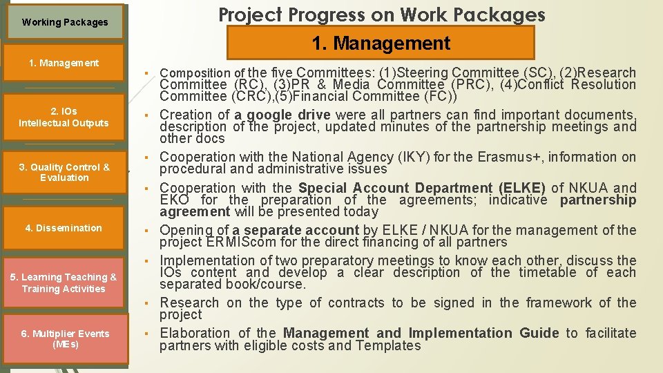 Project Progress on Work Packages 1. Management Working Packages 1. Management 2. IOs Intellectual