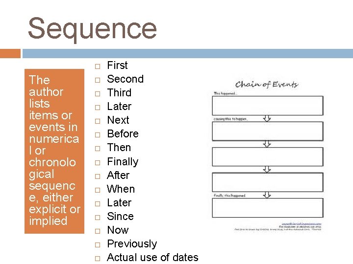 Sequence The author lists items or events in numerica l or chronolo gical sequenc