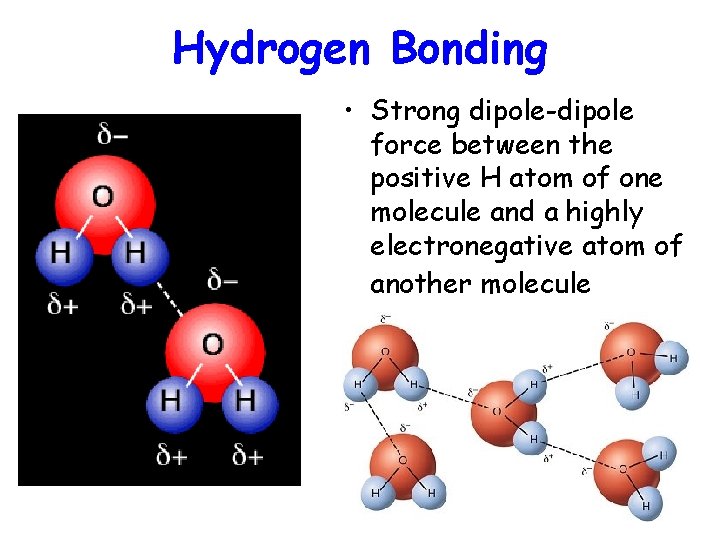 Hydrogen Bonding • Strong dipole-dipole force between the positive H atom of one molecule