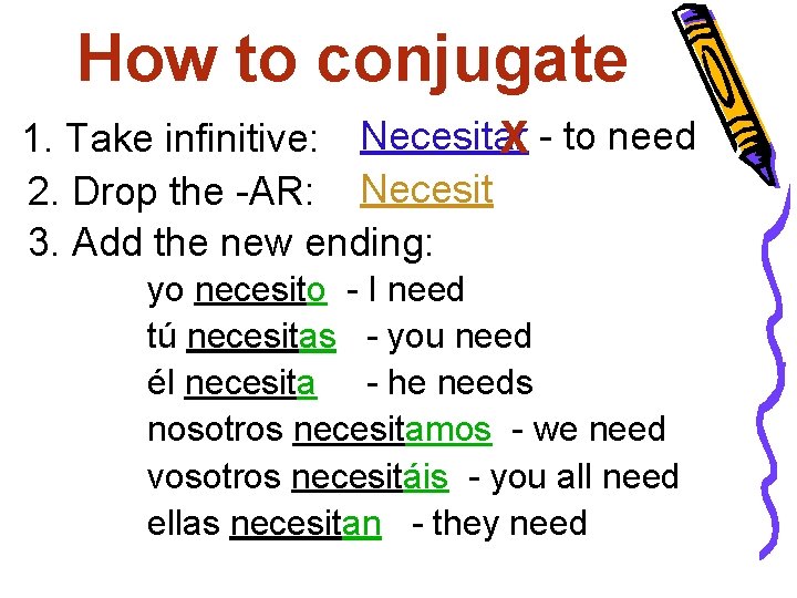 How to conjugate 1. Take infinitive: Necesitar X - to need 2. Drop the