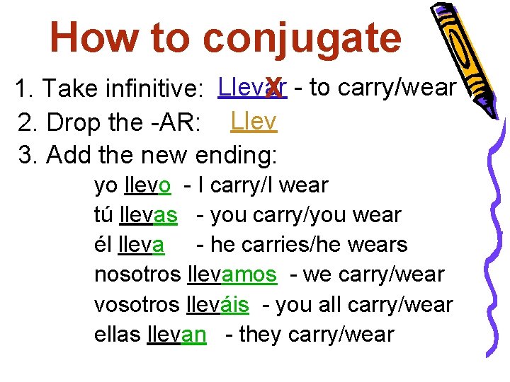 How to conjugate 1. Take infinitive: Llevar X - to carry/wear 2. Drop the