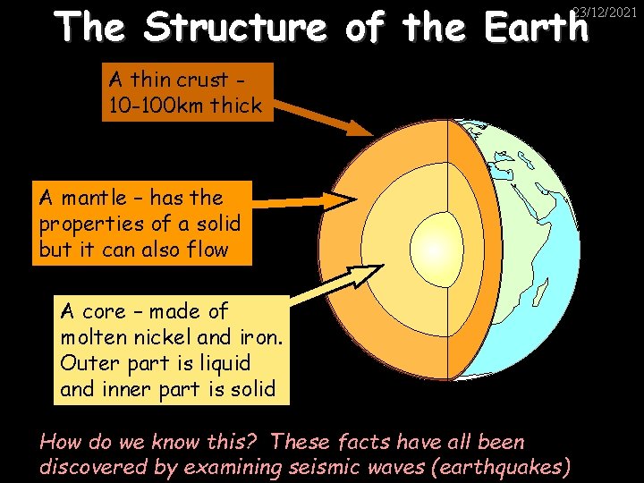The Structure of the Earth 23/12/2021 A thin crust 10 -100 km thick A