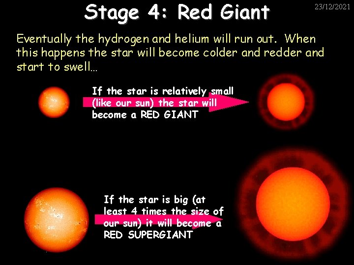 Stage 4: Red Giant 23/12/2021 Eventually the hydrogen and helium will run out. When