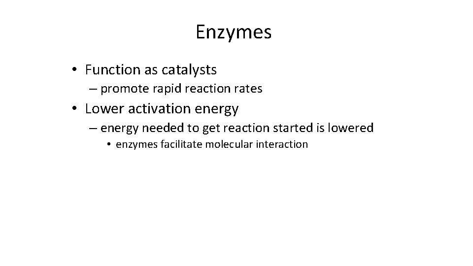 Enzymes • Function as catalysts – promote rapid reaction rates • Lower activation energy