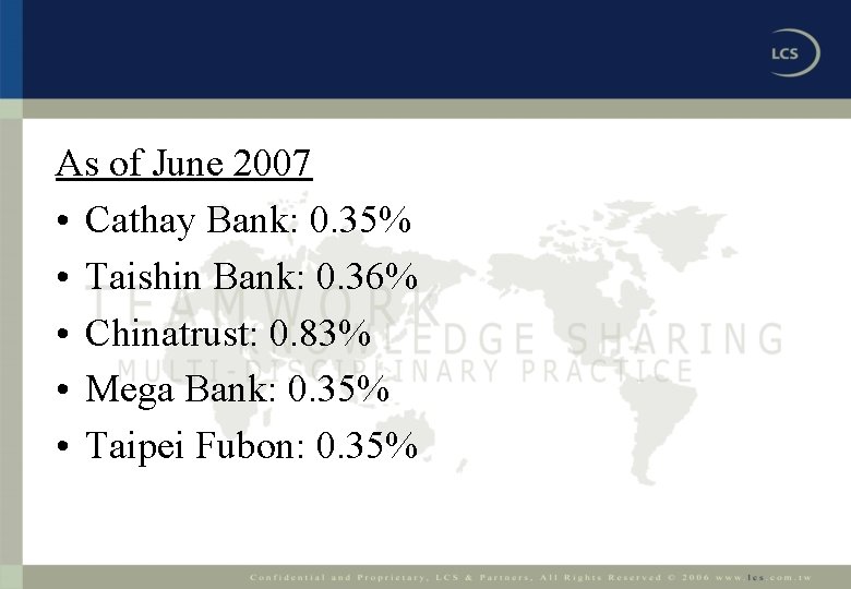 As of June 2007 • Cathay Bank: 0. 35% • Taishin Bank: 0. 36%